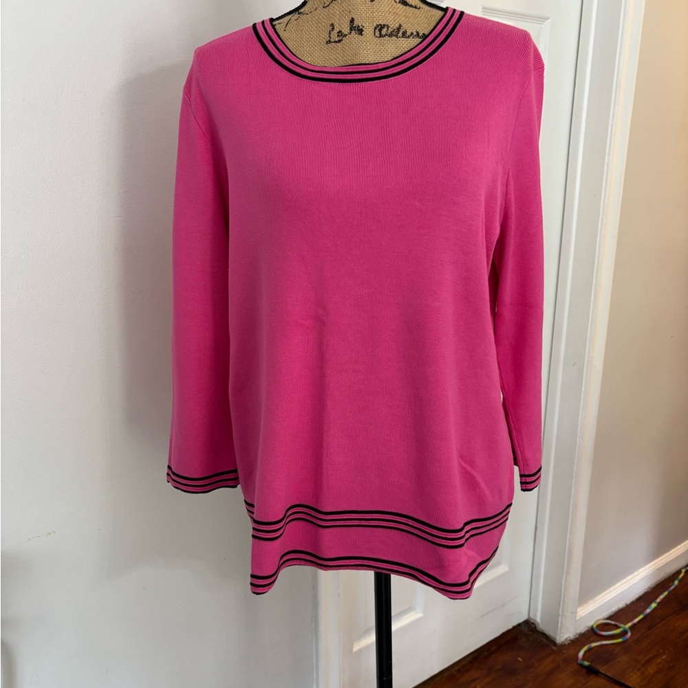 Investments XL Pink Sweater‎ Black Trim Career Top 3/4 Sleeve Knit Blouse Women